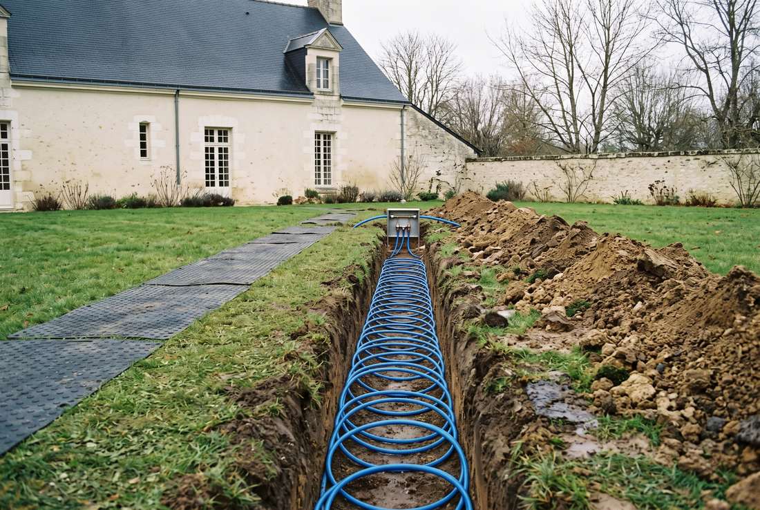 Tranchée de raccordement et boucles géothermiques bleues vers le regard collecteur